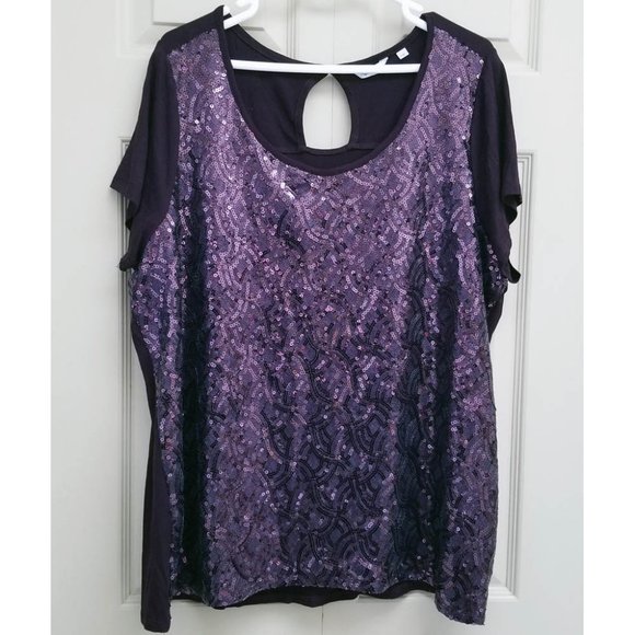 Reitmans Purple Sequin Scoop Short Sleeve Top With Keyhole Accent - Picture 1 of 3